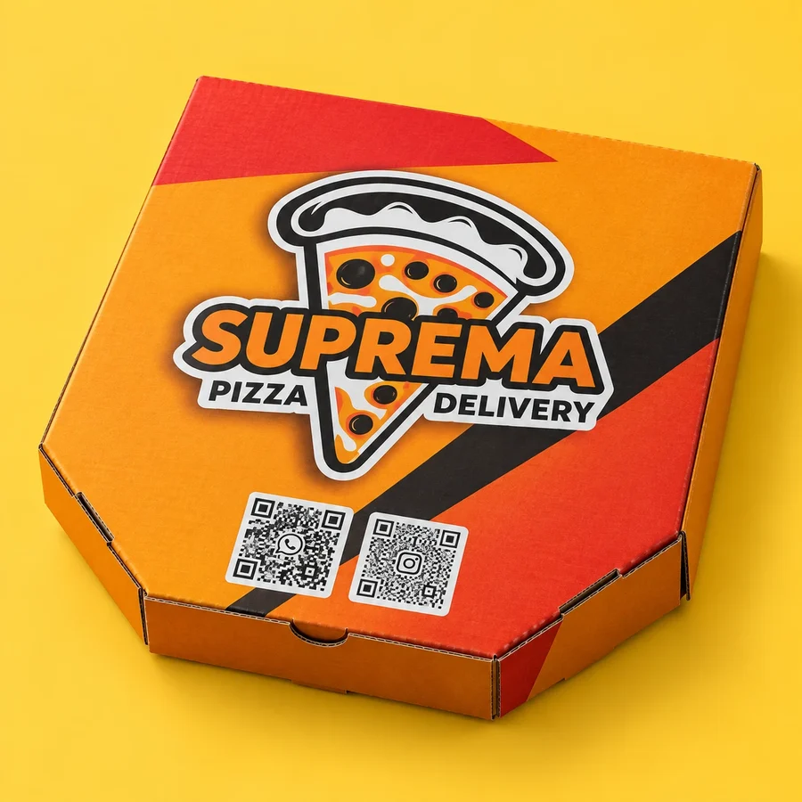 Caixa de pizza chanfrada com a marca Suprema Pizza