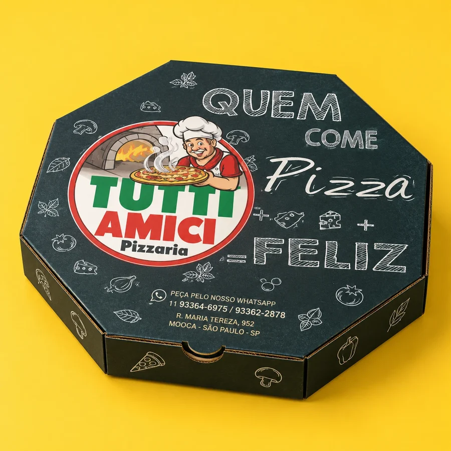 Caixa de pizza oitavada personalizada da pizzaria Tutti Amici