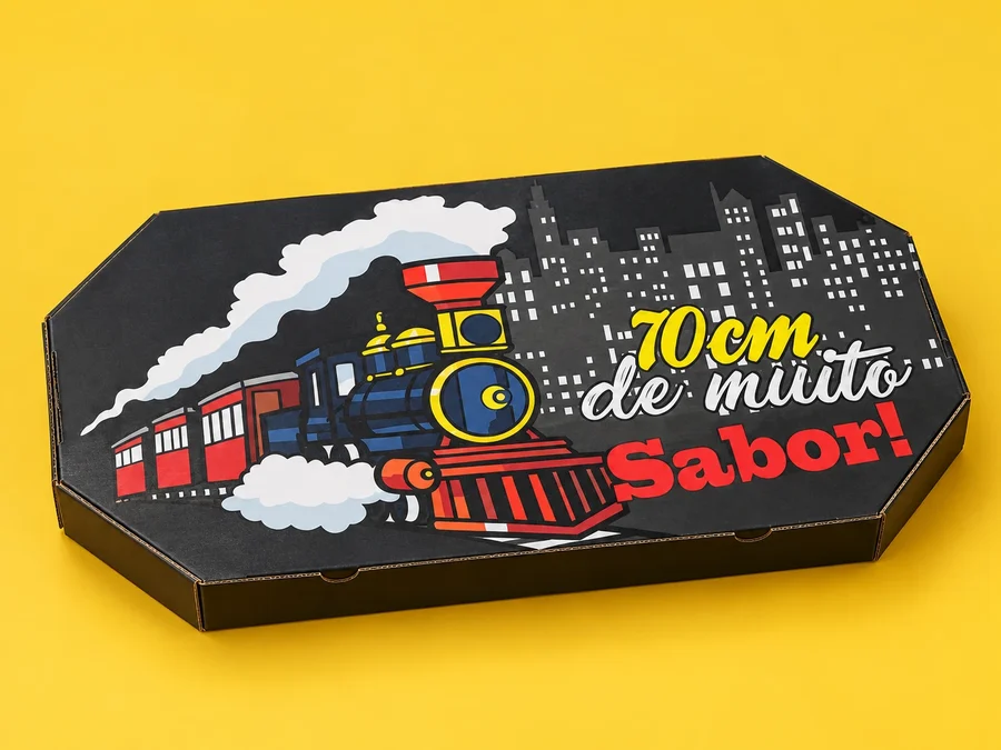 Caixa Pizza Trem de 70 cm com desenho de trem