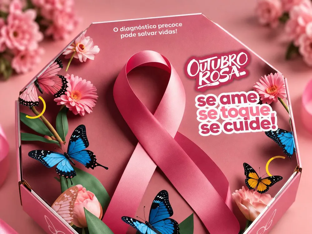 Caixa de pizza temática da campanha Outubro Rosa
